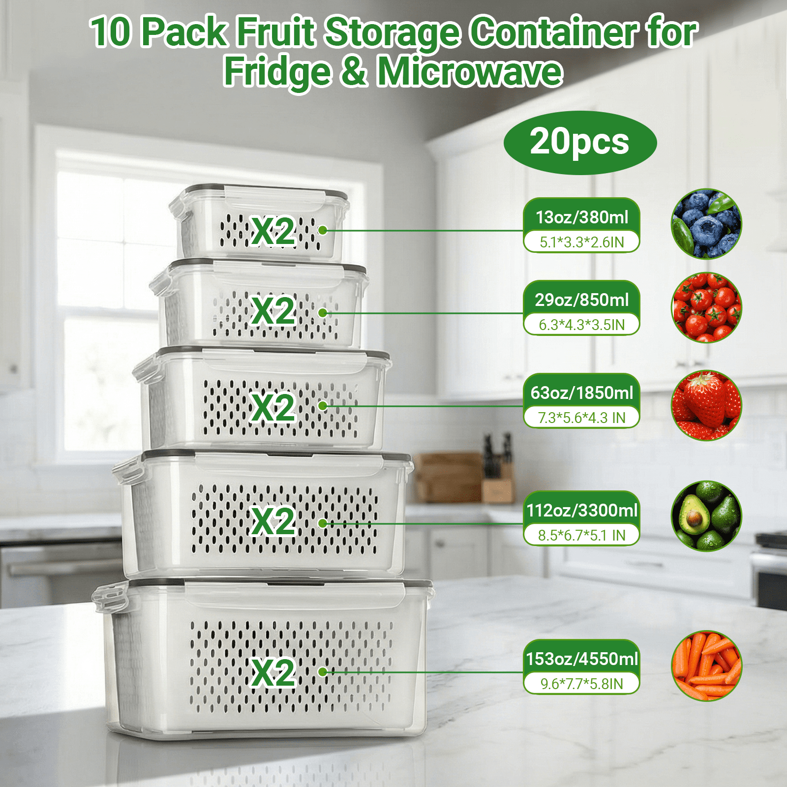 5 PCS Fruit Storage Containers for Fridge with Handle, Leakproof Produce Containers for Fridge with Removable Colander, All-In-One Fruit Containers Stainers Berry, Fruits, Vegetables, Salad, Lettuce