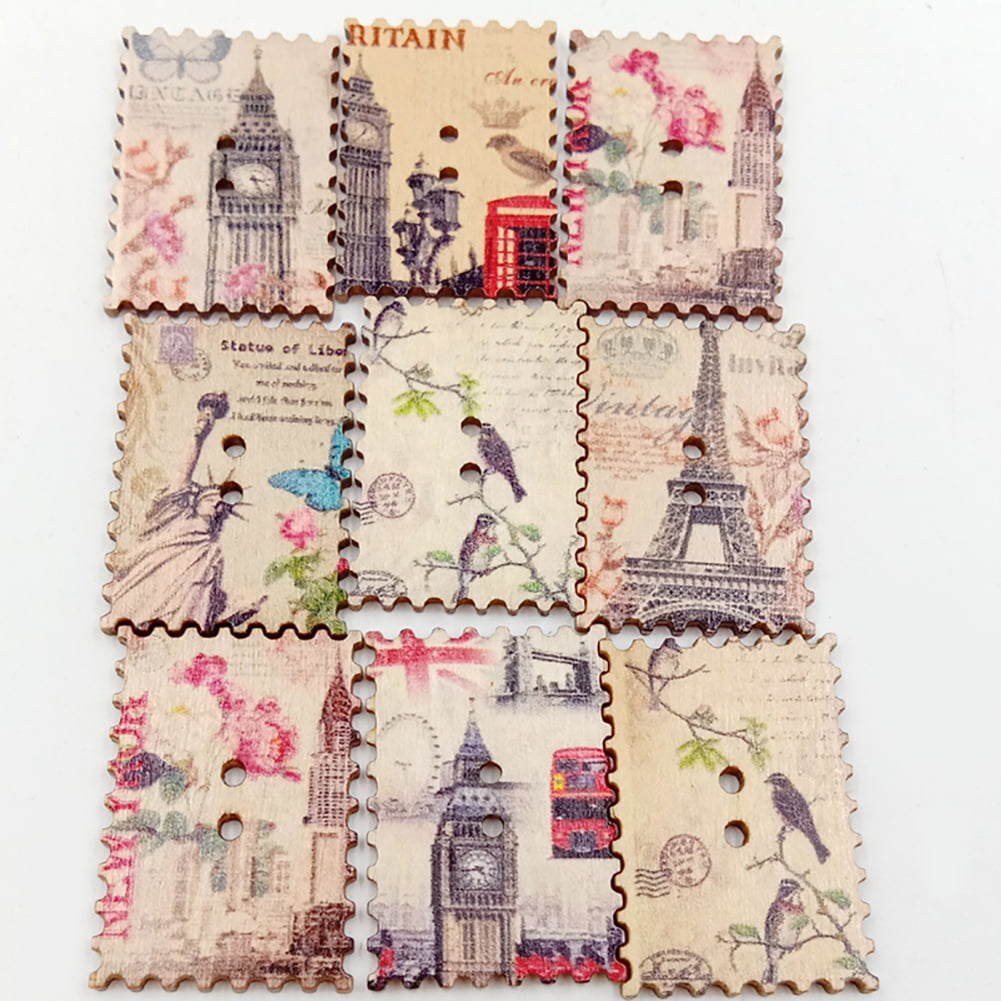 30pcs Eiffel Tower Scrapbooking Sewing Wooden Buttons Postage Stamp Pattern