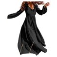 thumbnail image 2 of Women's Dress - Round Neck A-line V Neck, Pleated Long Sleeves Solid Color, Big Swing Maxi Dress, 2 of 8