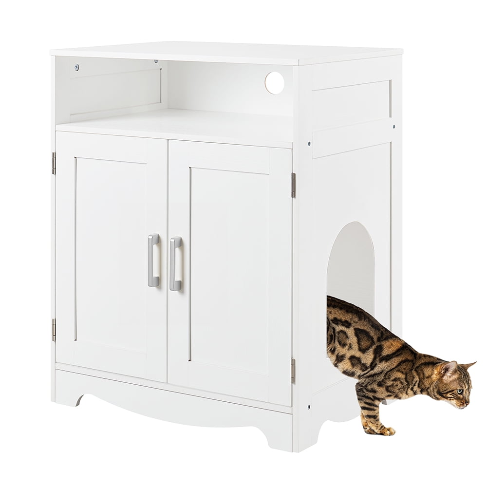 Unipaws Cat Litter Box Furniture, Wooden Cat Washroom Hidden Litter Box Enclosure with 2 Entrances, Cat House Storage Nightstand