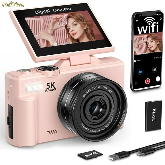 Digital Camera, 5K 75MP Cameras for Photography with WiFi & 64GB TF Card, Autofoucs Vlogging Camera for YouTube with 180° Flip Screen, Compact Vlog Travel Camera Kit for Beginner, Teens, Pink