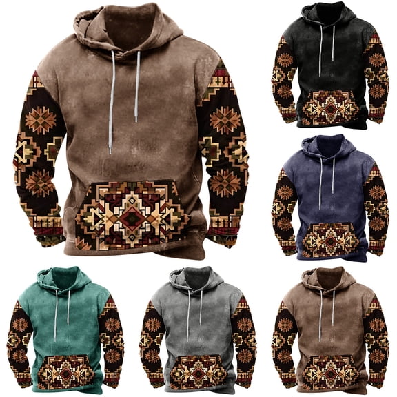 BiZtdJrK Men Vintage Print Hoodie Western Aztec Ethnic Clothing Casual Long Sleeve Pullover Sweatshirts Oversized Fashion Country Sweatshirt Sales Today Clearance Black XXL