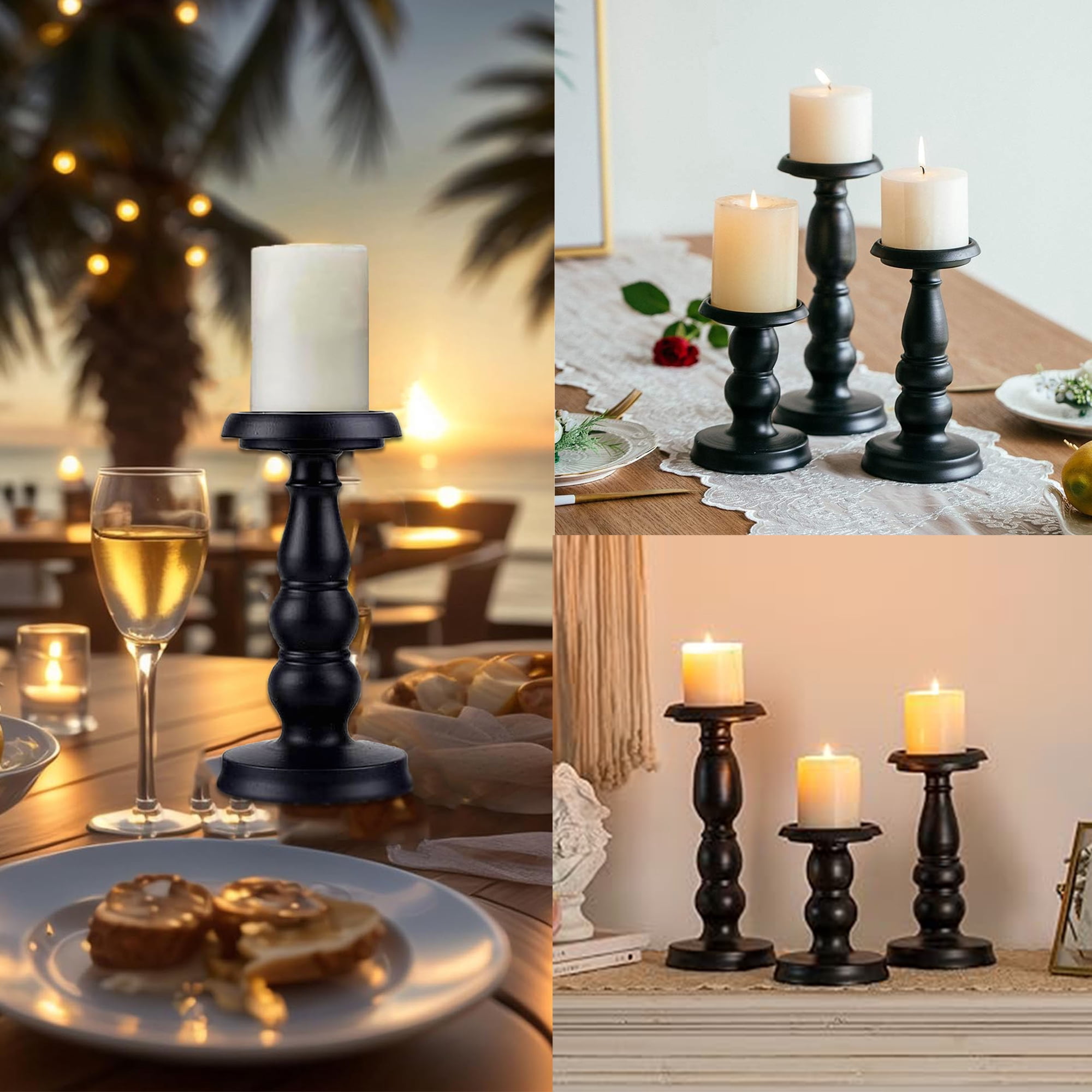 HIDAWN Pillar Candle Holder, 3 Pack Metal Black Retro Candle Stick Holders for Firplace Table Centerpiece Wedding Decoration