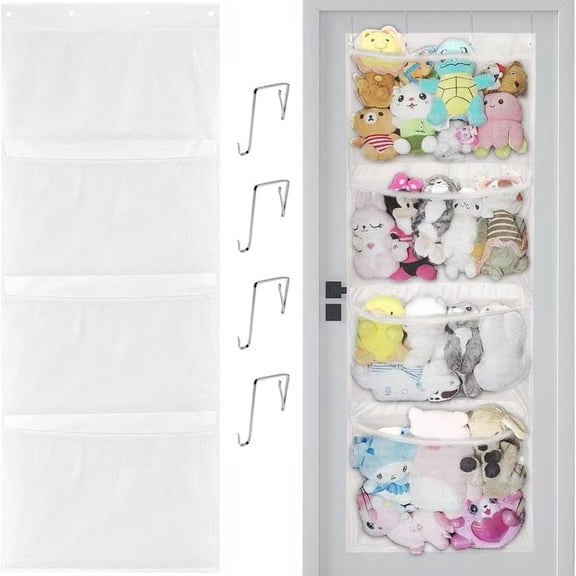 Stuffed Animal Storage, Over the Door Organizer with 4 Large Pockets, Hanging Door Toy Organizer for Bedroom, Bathroom, Pantry, White