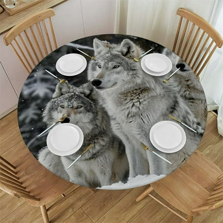 

Orinice Wolves Snow Trees Round Table Cover Stain Resistant Washable Indoor Outdoor Tablecloth Kitchen Dining Wedding Parties 100% Polyester Fiber 54-58