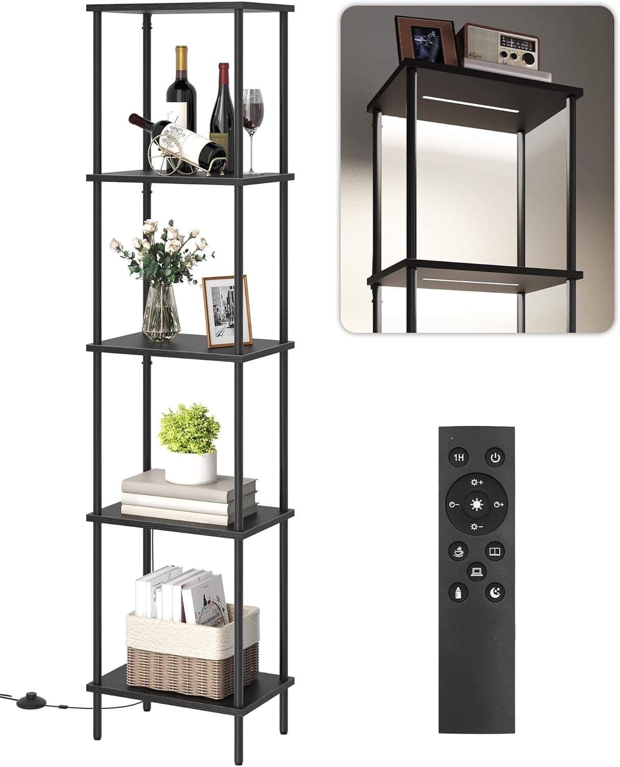 GOEBLESON 5-Tier Corner Floor Lamp with Shelves, Dimmable LED Bookshelf Light for Living Room, Remote & Foot Control, 3CCT Timer, Black