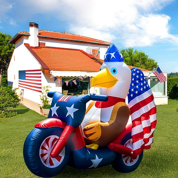 Patriotic Inflatable 5FT Eagle Sitting on Motorcycle 4th of July Inflatable Yard Decorations Outdoor Holiday LED Blow up Decor for American Decorations Advertising Business Promotion