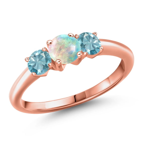 Gem Stone King 18K Rose Gold Plated Silver Simulated White Opal and Blue Zircon Engagement Ring for Women | 1.50 Cttw | Round Cabochon 5MM | Gemstone October Birthstone | Size 5