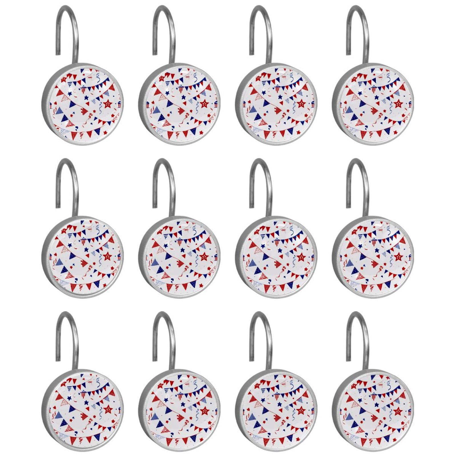 12pcs Decorative Shower Curtain Hooks, Rust Resistant Shower Rings for Bathroom Living Room,Rustproof Stainless Steel Rings for Shower Curtain and Liner Rods,4th of July Flags