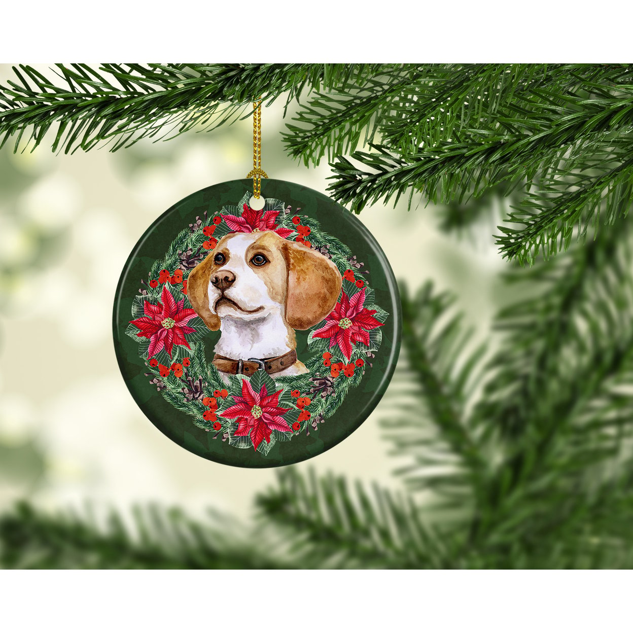 Beagle Poinsetta Wreath Ceramic Ornament 2.8 in x 2.8 in