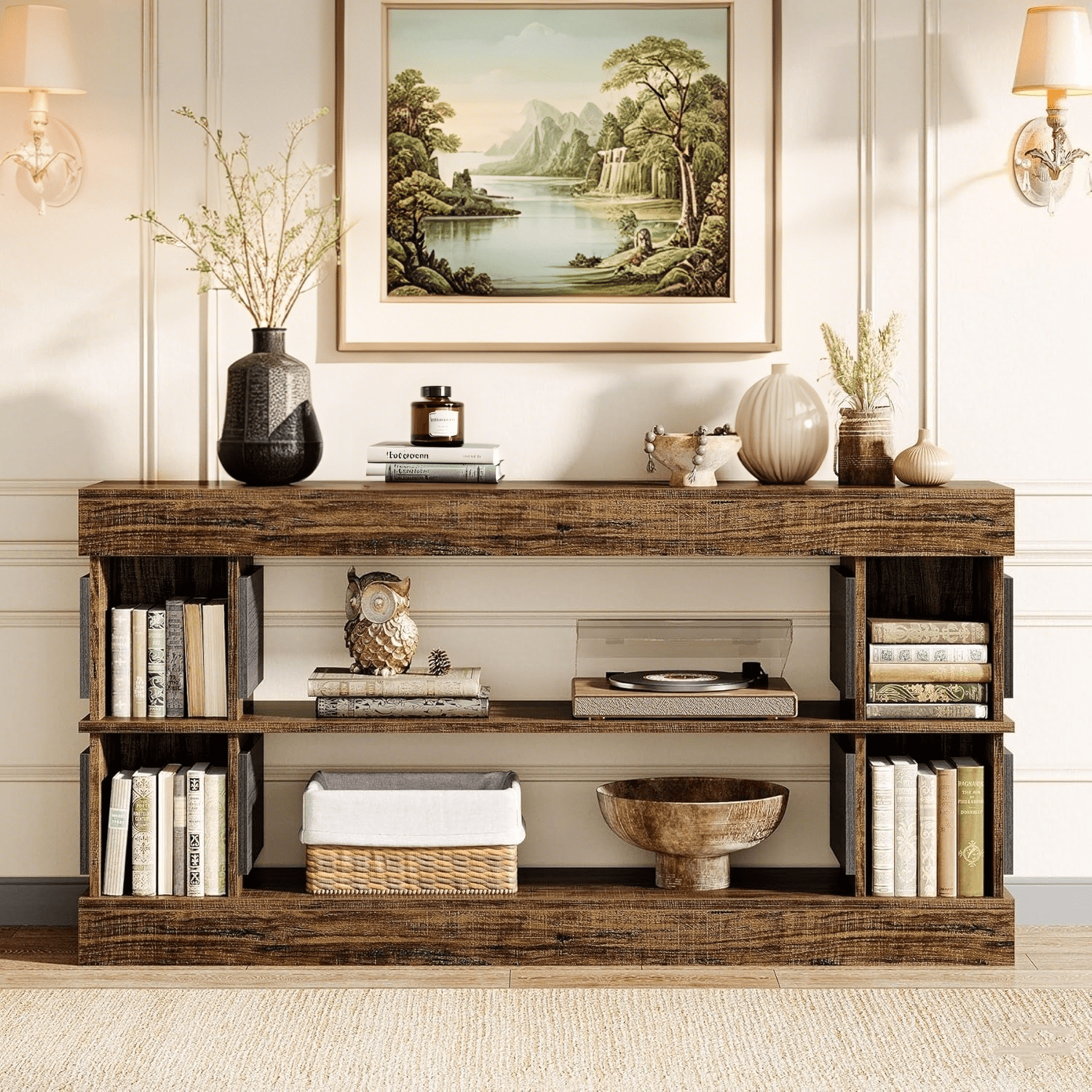 Tribesigns Long Console Table with Storage, 63" Wood Entryway Table, 3-Tier Farmhouse Table with 4 Compartments for Entrance, Living Room, Rustic Brown