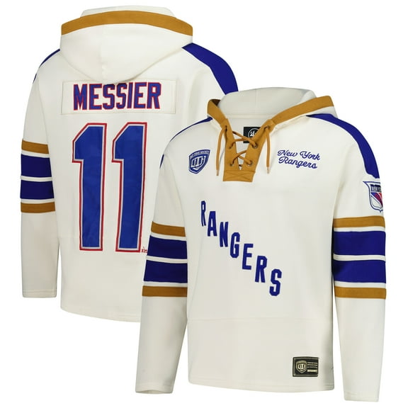 Men's-'47 Mark Messier Cream New York Rangers Blue Line Heritage Name & Number Lace-Up Pullover Hoodie