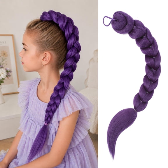 Greenpod Pre-Braided Ponytail Hair Extensions, Purple, 24 inch, for Kids