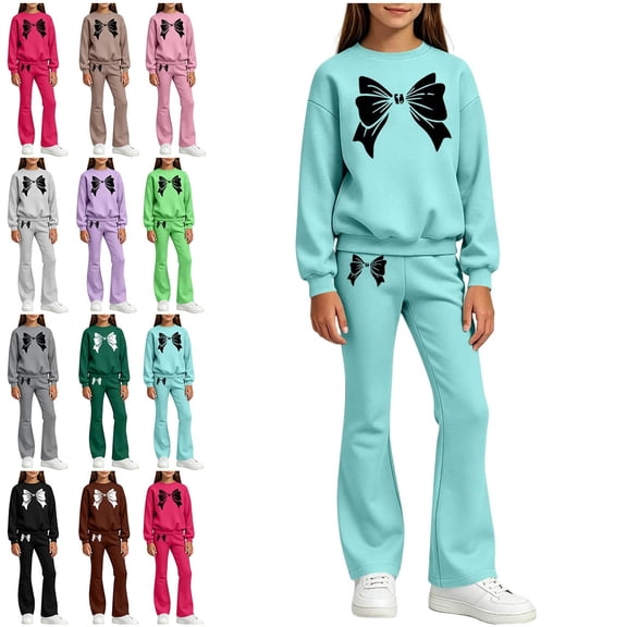 Zefriona Girls Cute Bow Print Crewneck Sweatshirt and Flared Leg Pants 2-Piece Outfit Set 3-14Y Pink Size 11