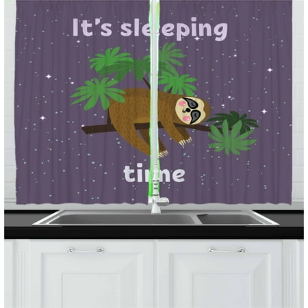 Character Curtain - Sloth Curtains 2 Panels Set, Cute Cartoon Character Sleeping on Branch Jungle Animal in Night Sky Kids Theme, Window Drapes for Living Room Bedroom, 55W X 39L Inches, Plum Brown Green, by Ambesonne
