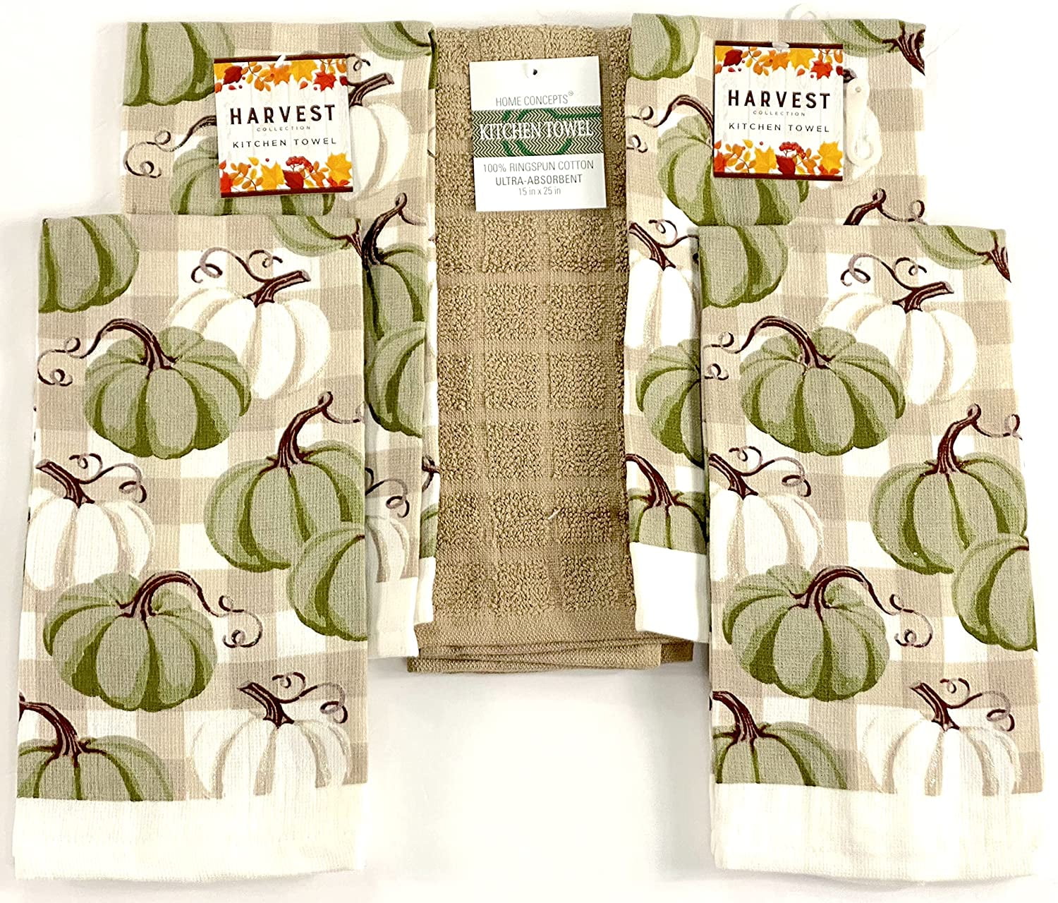 Fall Harvest Thanksgiving Kitchen Towels and Oven Mitts Bundle of 4 Items Teal and White Pumpkins - Green Leaves 2 Dish Towels and 2 Oven Mitts