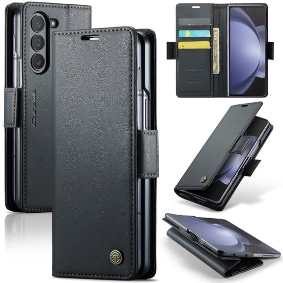 Corliven for Samsung Galaxy Z Fold 5 Case, Slim PU Leather Flip Cover with Card Slot, Shock-Absorbing TPU and Foldable Stand, Black
