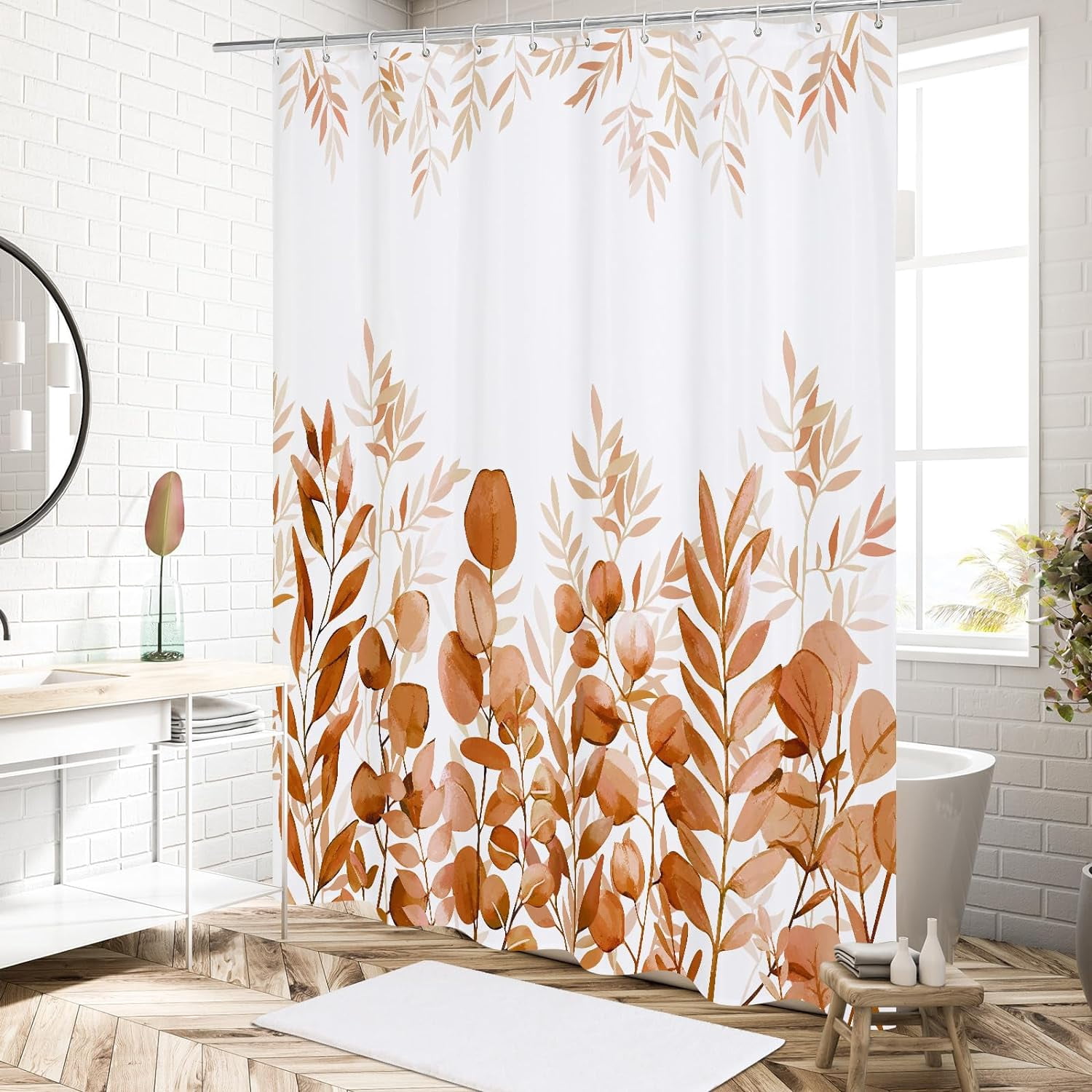 Orange Fall Eucalyptus Shower Curtain, Plant Leaves Fabric Cloth Shower Curtains for Rustic Vintage Bathroom Decor, Modern Chic Botanical Shower Curtain, 72x72