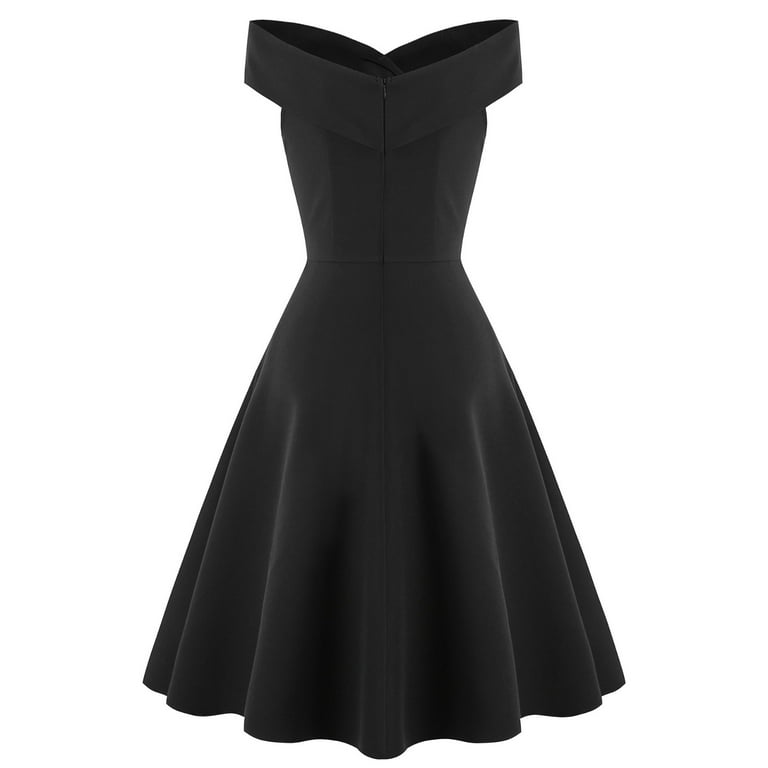 Uaswgudfs Off-Shoulder Sleeveless A-Line Dress: Flowy Summer Casual Essential with Defined Waist Black L