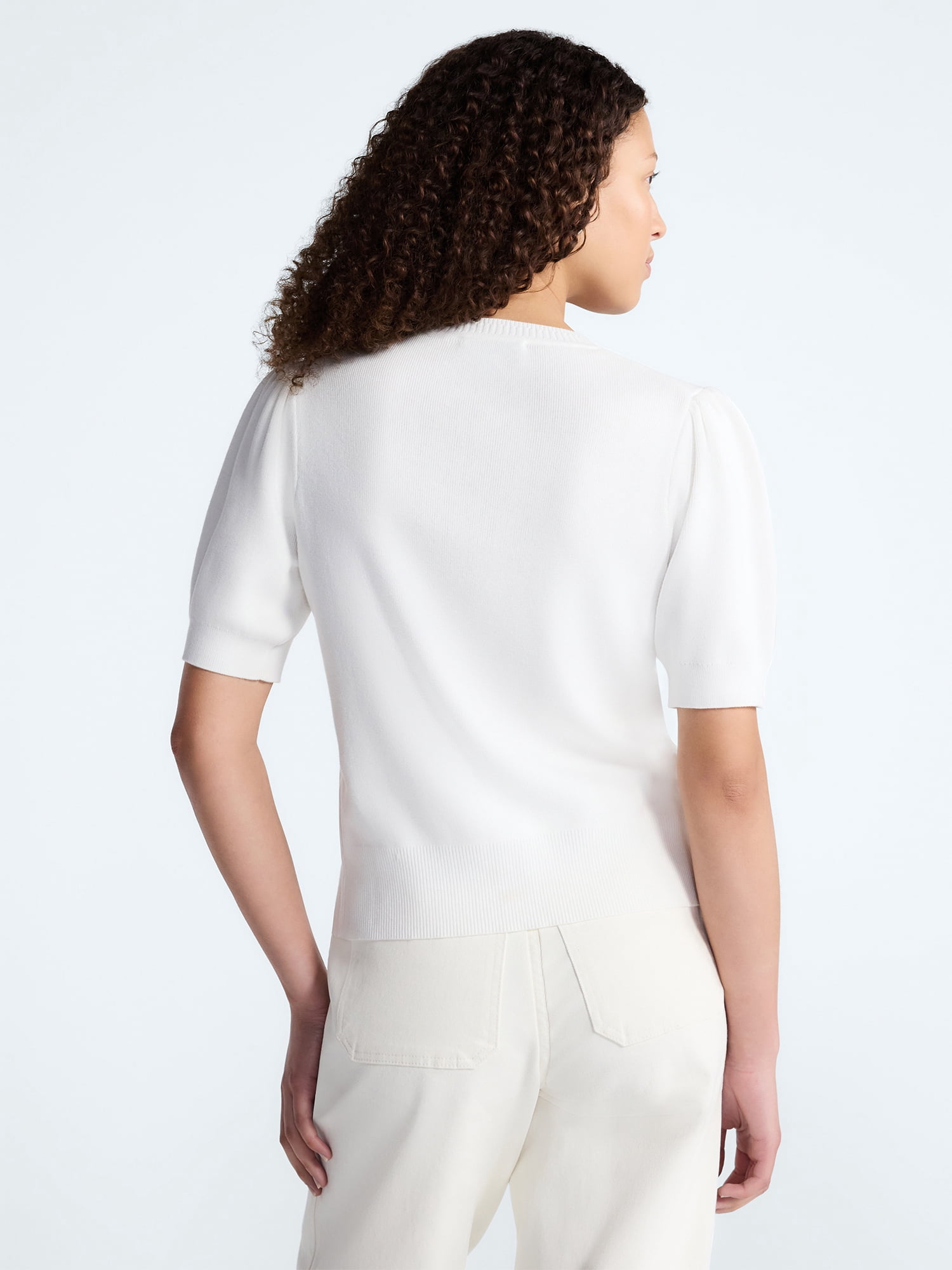 Free Assembly Women's and Women's Plus Beaded Cardigan Sweater with Short Puff Sleeves, Lightweight, Sizes XS-4X
