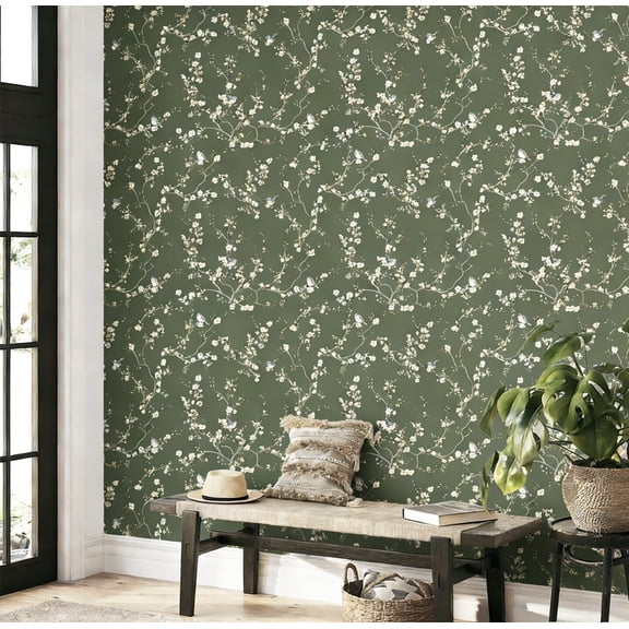 TOARTi Green Wallpaper Bird on Tree Branch Peel and Stick Light Yellow Flower Nature Wall Decal For Bedroom Living Room 17.3in x 9.8ft