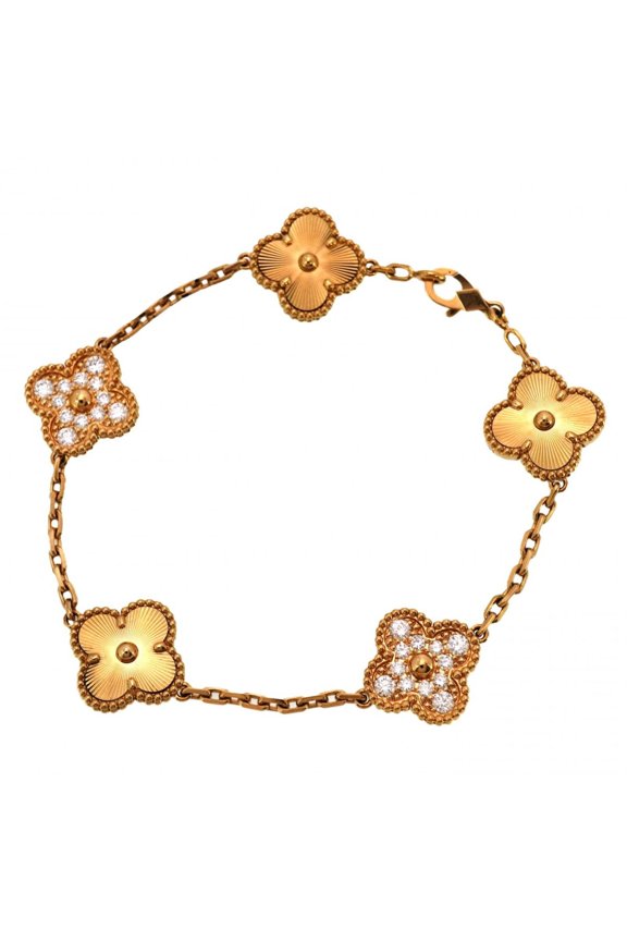 Pre-Owned Van Cleef & Arpels Alhambra Guilloched Bracelet in 18KYG Yellow Gold with Diamonds...