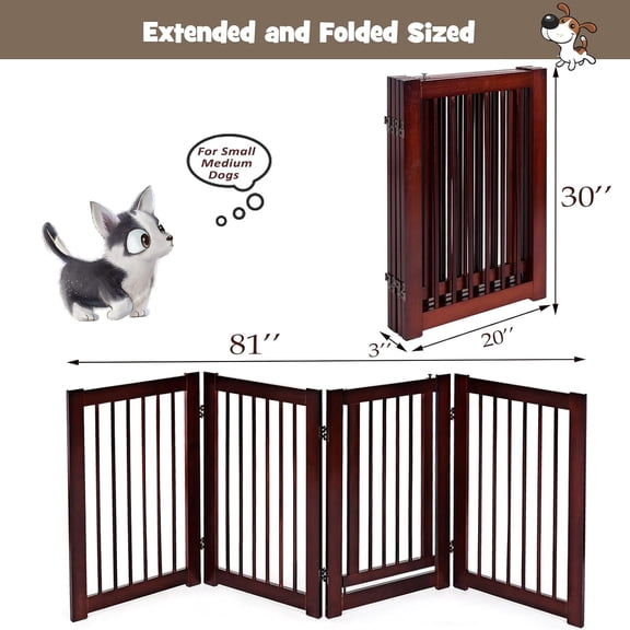 Tall Dog Gate with Lockable Door, 4-Panel 30 inch High Wooden Puppy Playpen, Freestanding Pet Enclosure