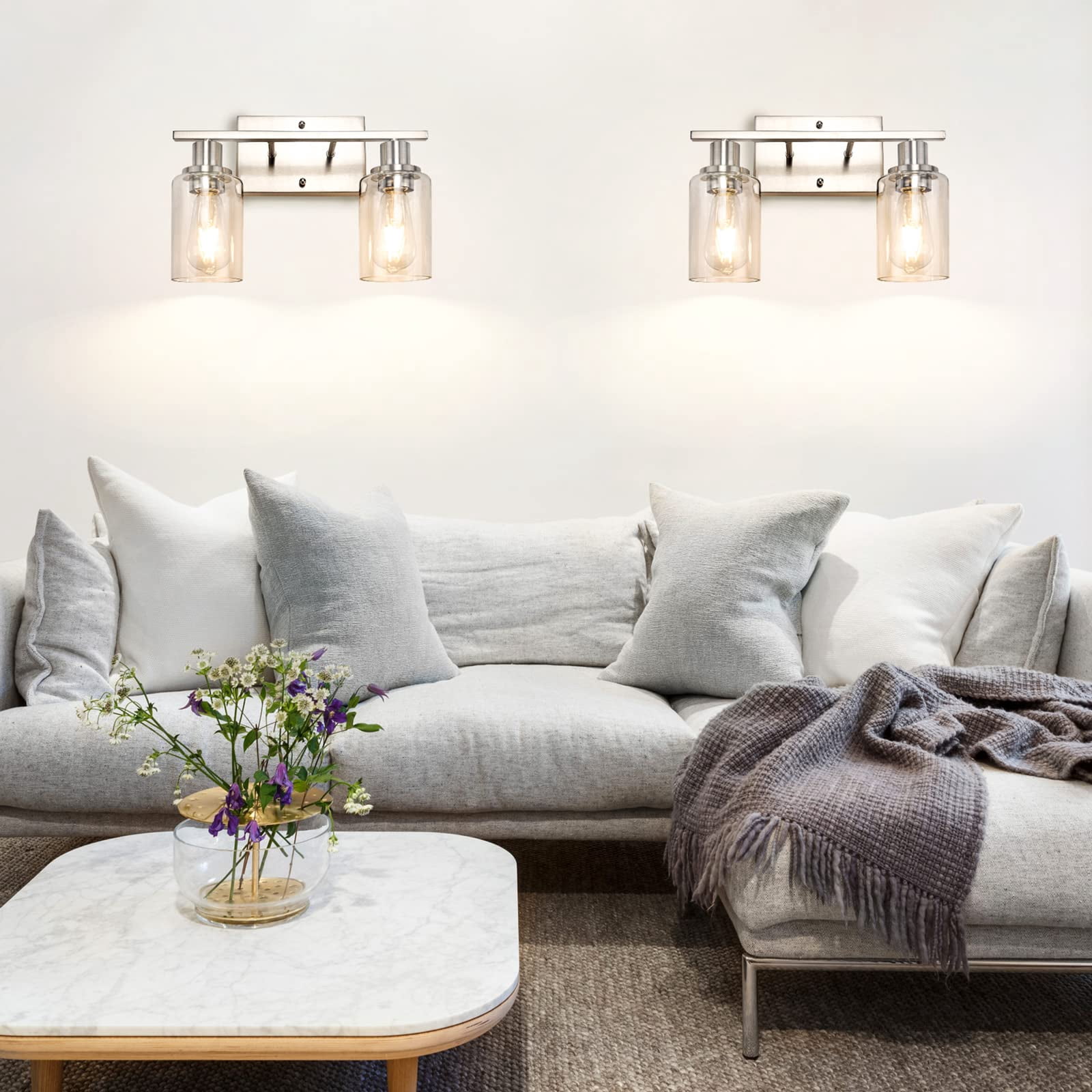 2-light Bathroom Vanity Light Fixture  Brushed Nickel Fixtures Over Mirror Modern Wall Mounted Lighting With Clear Glass Shade For Bedroom Hallway