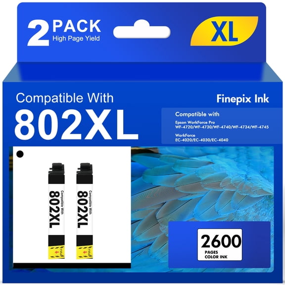 802 802xl Ink Cartridges Compatible for Epson Black ink 802 XL 802XL Workforce Pro WF-4730 WF-4720 WF-4734 Printer (2-Pack T802XL, 2Black)