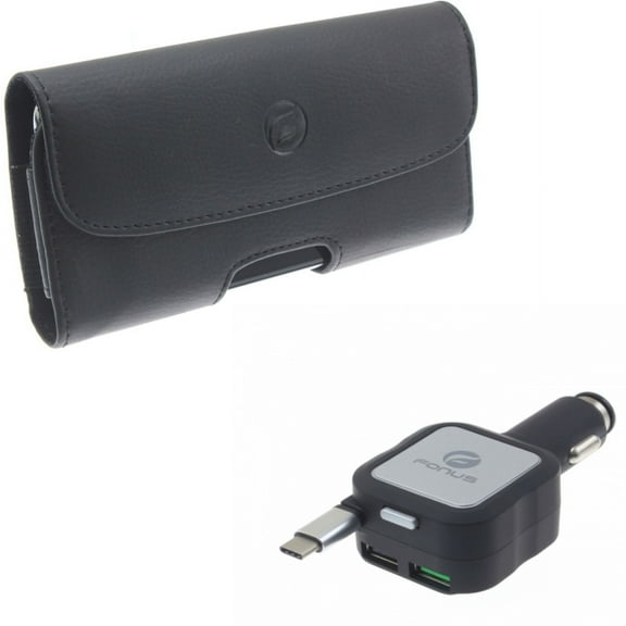 Case Belt Clip & Car Charger for iPhone 15 Pro - Leather Holster Cover Pouch and Retractable 4.8Amp Type-C 2-Port USB V9O for iPhone 15 Pro (6.1")