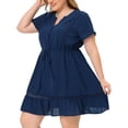 thumbnail image 2 of Women's Plus Size Dress V Neck Lace Insert Half Placket Short Sleeve Tie Waist Ruffle Hem Mini Dress Navy Blue 4X, 2 of 5