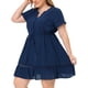 thumbnail image 2 of Women's Plus Size Dress V Neck Lace Insert Half Placket Short Sleeve Tie Waist Ruffle Hem Mini Dress Navy Blue 3X, 2 of 5