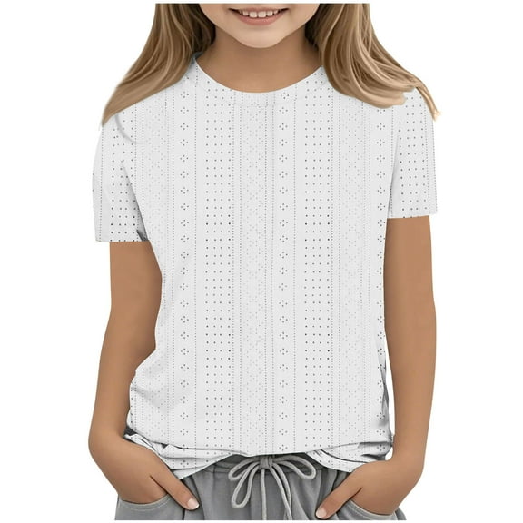 fatyb Girls Eyelet Shirts Short Sleeve Crewneck Blouse Hollow out Kids Casual Summer Tops 3-12 Years