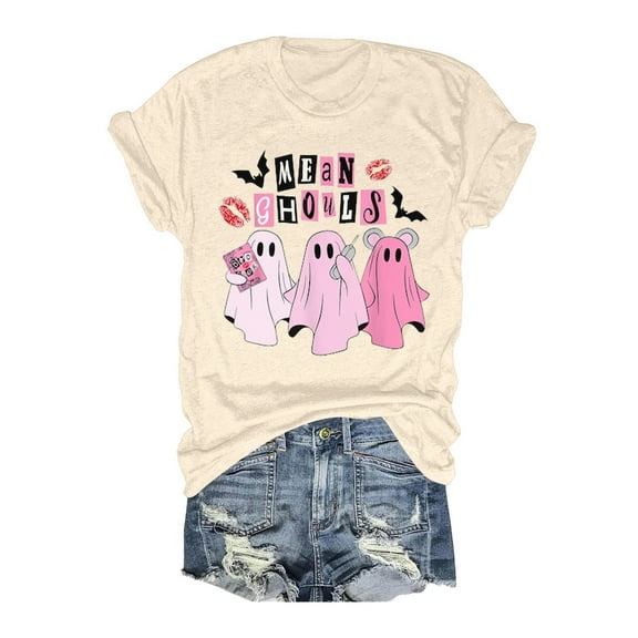 Womens Halloween Tops Crew Neck Ghost Graphic Printed T-Shirts Loose Fit Short Sleeve Blouses Casual Fall Fashion Clothes