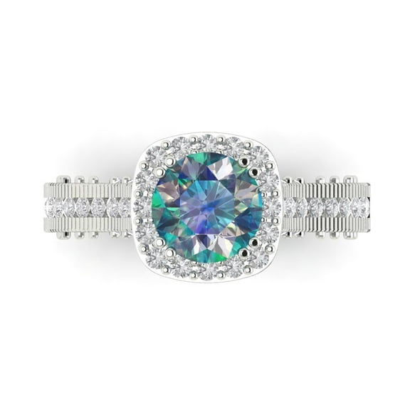 2.7ct Round Cut Blue Moissanite 14k White Gold Engraving Statement Bridal Wedding Halo Designer Ring Size 7.5