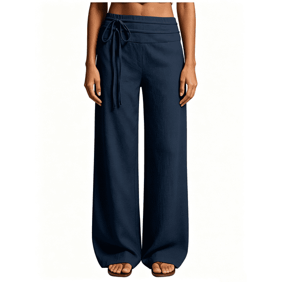 Busydd Elastic Waist Pants for Women with Side Pockets Solid Color Straight Leg Casual Linen Pants Women S