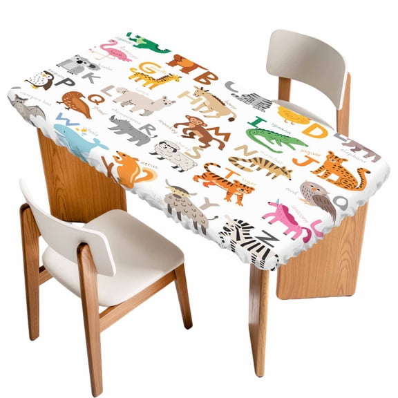 Animals Alphabetes Table Cloths for 6 Foot Rectangle Tables, Cartoon Learning Educational Patio Waterproof Elastic Fitted Tablecloths, Washable Rectangular Table Cover for Camping