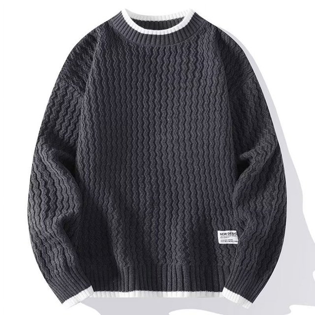 Crewneck Sweater Men‘s Autumn and Winter Lazy Style Handmade Knitted Base Shirt Trendy Fake Two-piece Inner Sweater for Teenagers