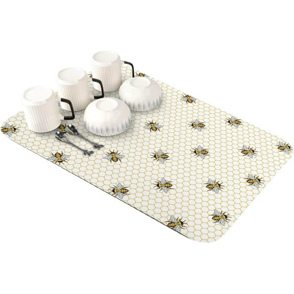 Spring Summer Bee Dish Drying Mat for Kitchen Counter, Super Absorbent Quick Dry Coffee Bar Mat Pad Thin Diatomaceous Sink Mat Non Slip Dish Drainer Mat 16''''x18'''' Geometric Hexagon Plaid