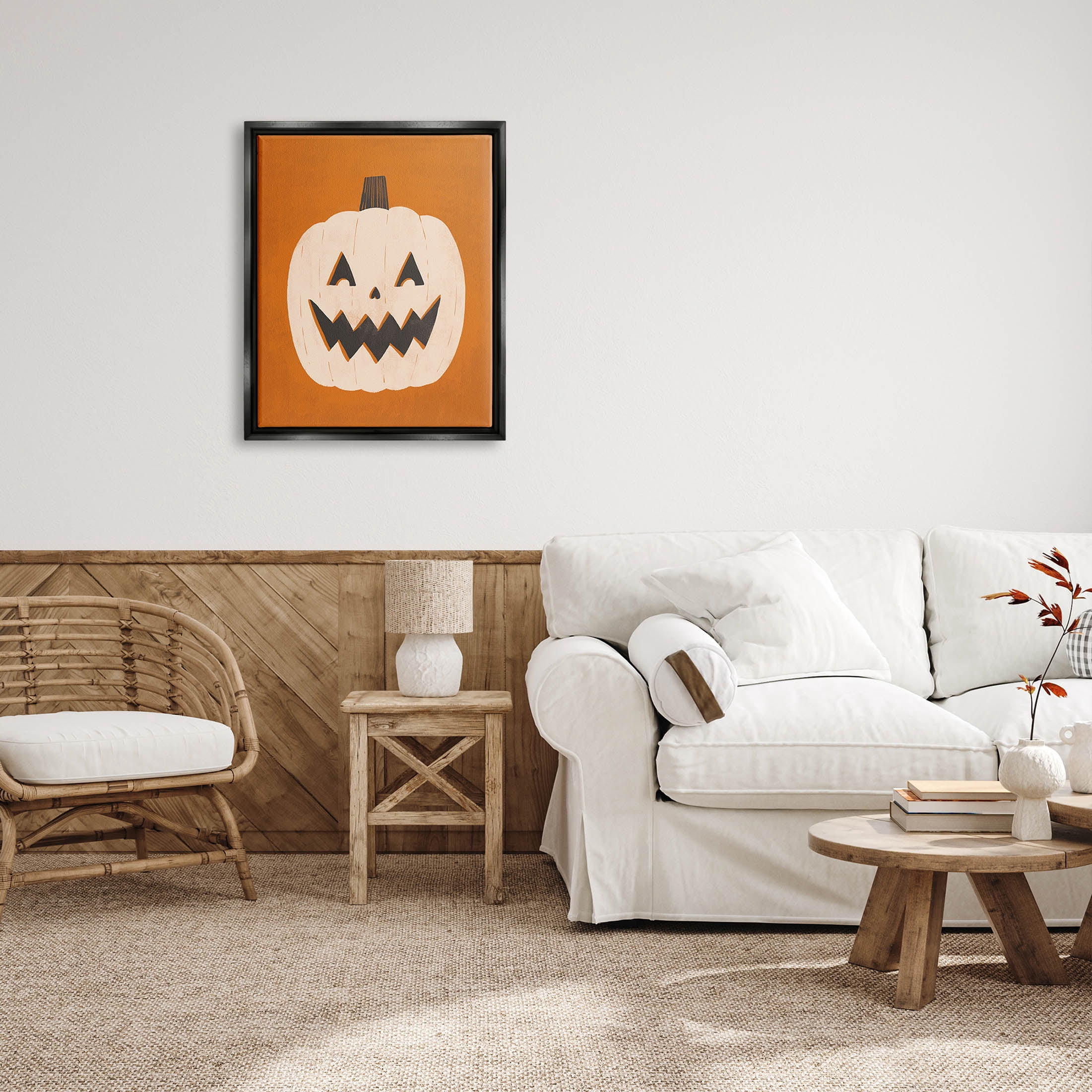 Stupell Industries Happy Jack-o-Lantern Halloween Pumpkin Graphic Art Jet Black Floating Framed Canvas Print Wall Art, Design by Loni Harris