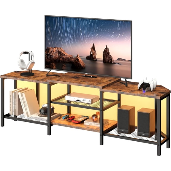 EastVita 67 Inch Large TV Stand with LED Lights for 55/65/75 Inch TV Corner Entertainment Center with Power Outlets 4 Open Storage Shelves Media Console for Living Room Bedroom Vintage Brown