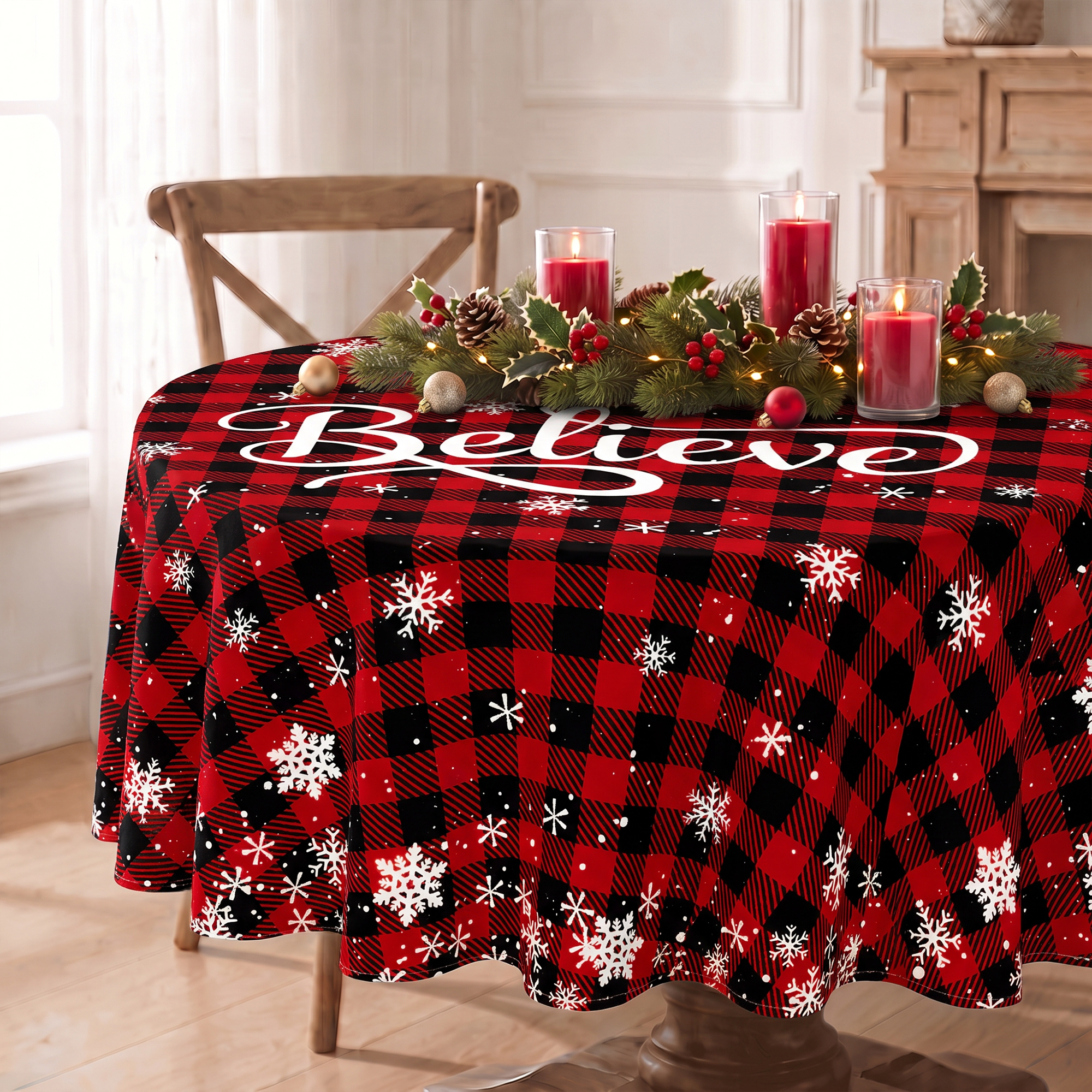 Sm:)e Believe Buffalo Check Plaid Christmas Tablecloth 70 Inch photo 1