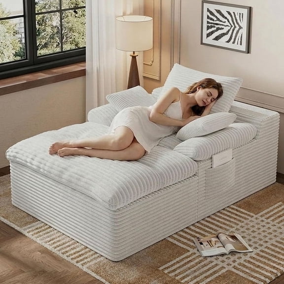 65" Oversized Indoor Chaise Lounge Chair, Boneless Double Layer Side Pocket Chaise with 3 Pillows, Cloud Corduroy Sofa Bed, No Assembly Required, White