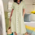 thumbnail image 1 of JUNWELL Nouveau 2024 Femmes Casual Coton Lin Robe Oversize Solide Manches Courtes V-Cou Bouton Robe avant Élégante Chemise Robe 5XL, 1 of 7