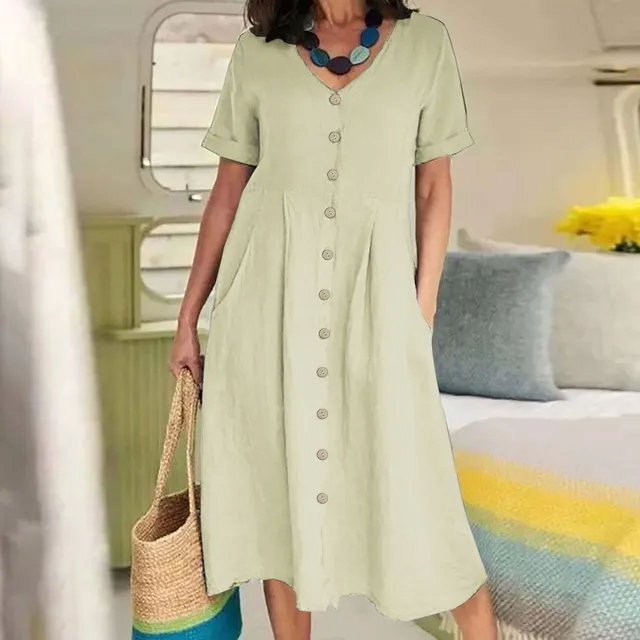 JUNWELL Nouveau 2024 Femmes Casual Coton Lin Robe Oversize Solide Manches Courtes V-Cou Bouton Robe avant Élégante Chemise Robe 5XL