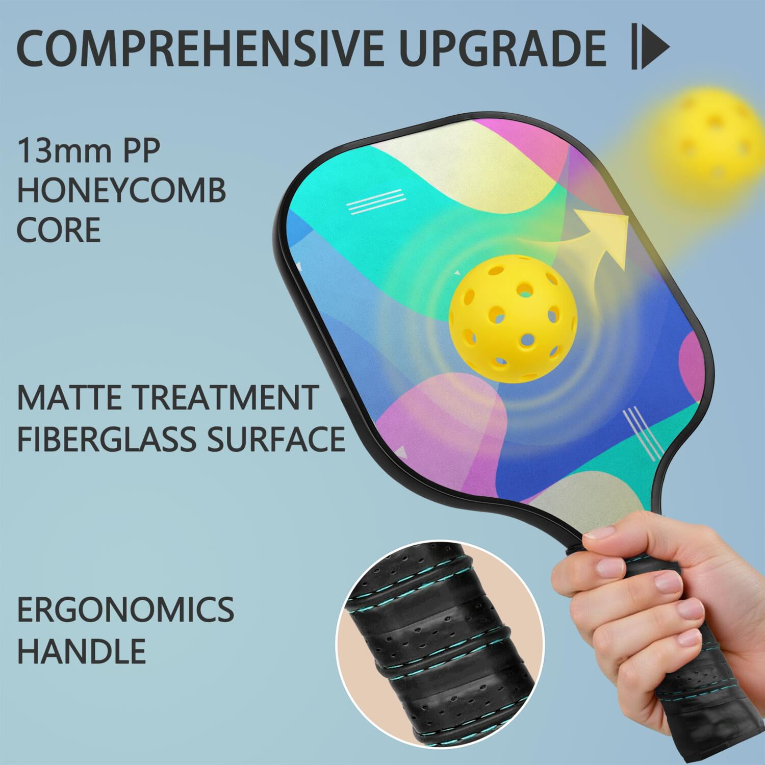 Pickleball Paddles Set Of 1, Fiberglass Surface, Neon Fluid Print, 1 Paddle, 2 Balls & Bag