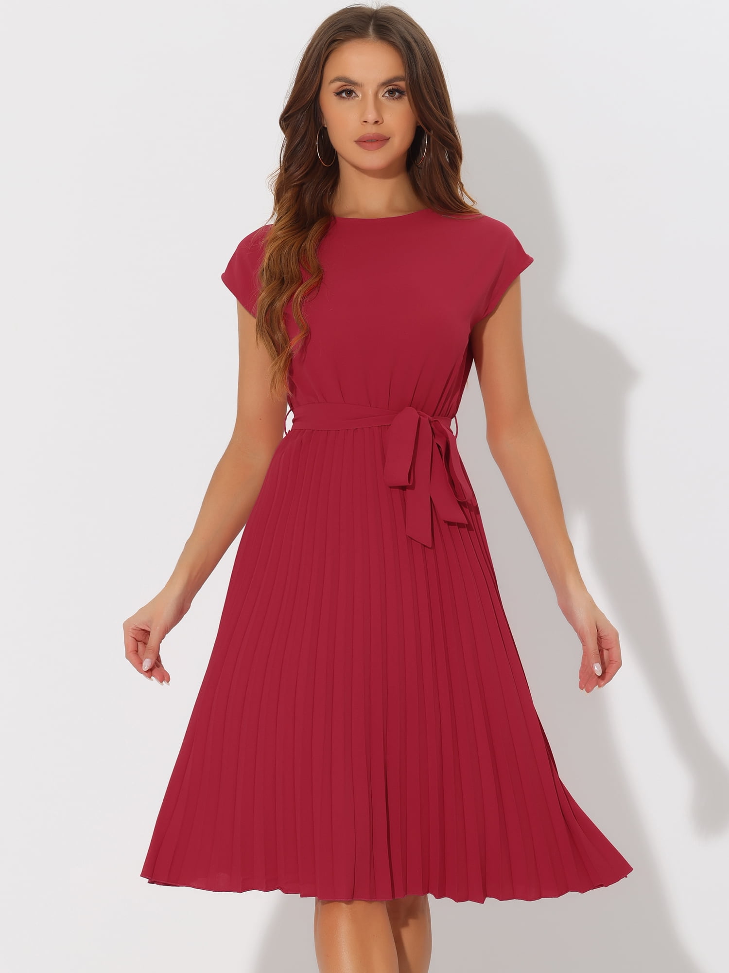 DARING DIVA Pleated Dress Sleeveless Tie Waist A-Line Dress M Red