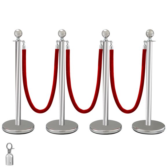 VEVOR 4Pack Silver Stanchion Posts Queue Red Velvet Rope 38 Inch Rope Barriers Crowd Control Barriers Queue Line for Patrty School Hotel Supplies