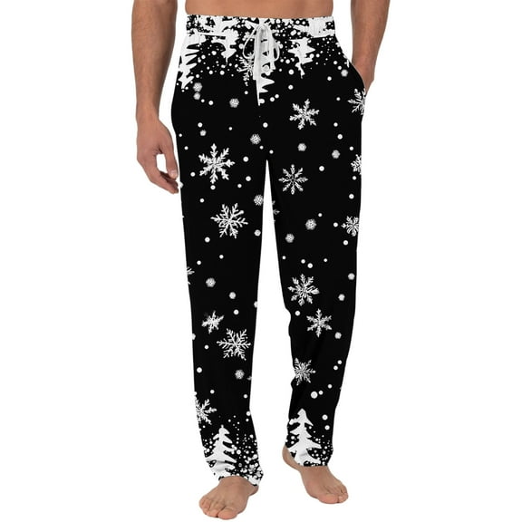 Men's Christmas-Printed Pocket and Sleep Pants made from Soft Cotton Blend with Elastic Waist for Cozy Sleep and Home Loungewear,Black,L