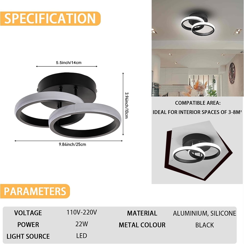 LED Ceiling Light Modern Ceiling Lamp Black Rings Simple Ceiling Light Fixture LED for Corridor Kitchen Stairs Hallway Study Room Bedroom Living Room，22W Cool White Light 6000K